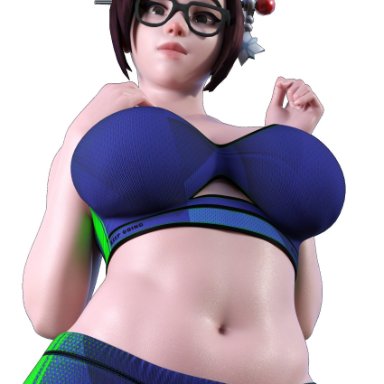 1girls, 3d, asian, asian female, brown eyes, brown hair, clothed, female, female only, glasses, large breasts, mei (overwatch), navel, overwatch, plain background