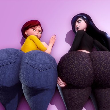 2girls, 3d, ass, ass focus, ass support, big ass, big breasts, big butt, black hair, bottom heavy, breasts, brown hair, bubble ass, bubble butt, disney