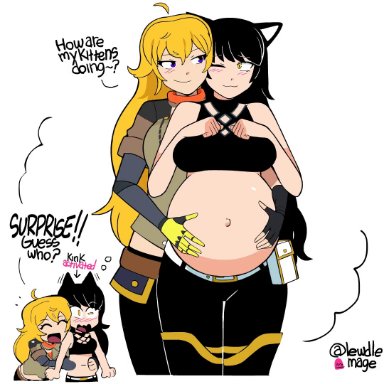 2girls, belly rub, big belly, big breasts, blake belladonna, cat ears, catgirl, lewdlemage, pregnant, rwby, tagme, text, video, yang xiao long