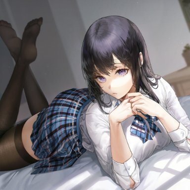 artist name, bangs, bed, bed sheet, black hair, black legwear, blue bow, blue neckwear, blue skirt, bow, bowtie, breasts, closed mouth, crossed ankles, dutch angle