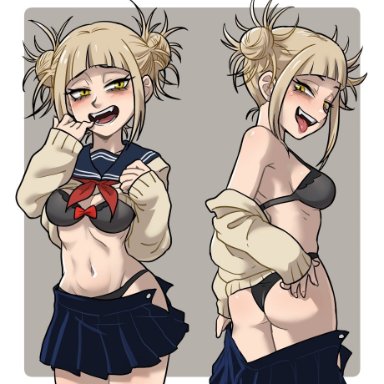 1girls, ass, blonde hair, blush, bra, centinel303, cleavage, fangs, female, female only, finger to mouth, hair buns, himiko toga, looking back, my hero academia