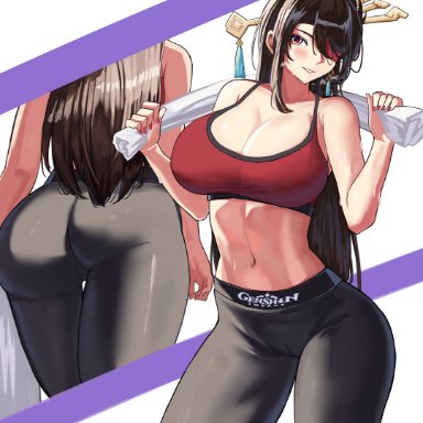 1girls, 2021, ass, ass focus, back view, beidou (genshin impact), black yoga pants, breasts, brown hair, cleavage, eyepatch, female, female focus, female only, fit female