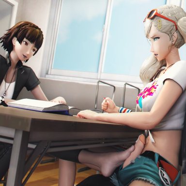 1futa, 1girls, 3d, ann takamaki, blonde hair, booty shorts, breasts, clothed, clothing, cum, dawadd, duo, erection, feet, female