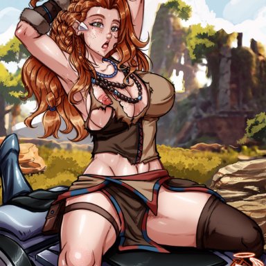 7th-heaven, aloy, daruak, dovoros, freckles, horizon zero dawn, large breasts, muscular female, nipples, sweat, sweatdrop, tagme, thick thighs, thighs, torn clothes