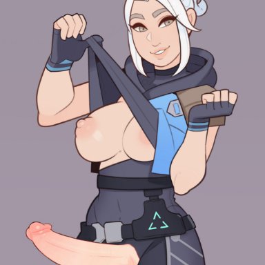 1futa, big penis, breasts, edit, exposed breasts, futanari, jett (valorant), nipples, penis, penis out, splashbrush, strictc, third-party edit, valorant, white hair