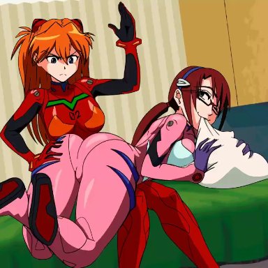 2girls, animated, ass, ass slap, asuka langley sohryu, bed, bent over lap, biting pillow, bodysuit, brown hair, clothed, female, female only, femdom, femsub