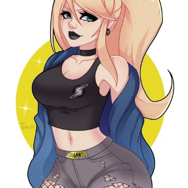 black lipstick, black topwear, blonde hair, blue vest, choker, earrings, fishnet stockings, goth, high ponytail, logo, logo on topwear, metroid, nintendo, ponytail, removing jacket