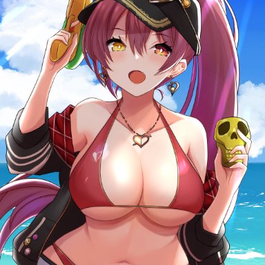 1girls, absurdres, baseball cap, bikini, bikini under clothes, breasts, eyewear on head, female, female focus, female only, hat, heterochromia, high ponytail, highres, hololive