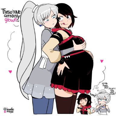 2girls, big belly, big breasts, breast fondling, cookies, gif, lewdlemage, milk, pregnant, ruby rose, rwby, tagme, text, video, weiss schnee