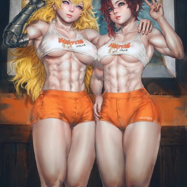 2girls, abs, big breasts, breasts, female, female only, large breasts, muscles, muscular, muscular female, prinzkuon, ruby rose, rwby, tagme, yang xiao long