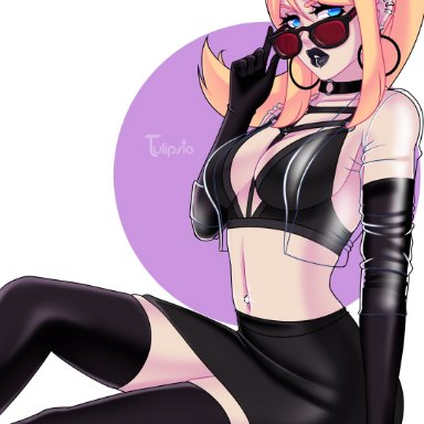 adjusting eyewear, adjusting glasses, adjusting sunglasses, black lipstick, bra, choker, ear piercing, earrings, goth, lip piercing, looking over eyewear, looking over glasses, looking over sunglasses, metroid, nintendo