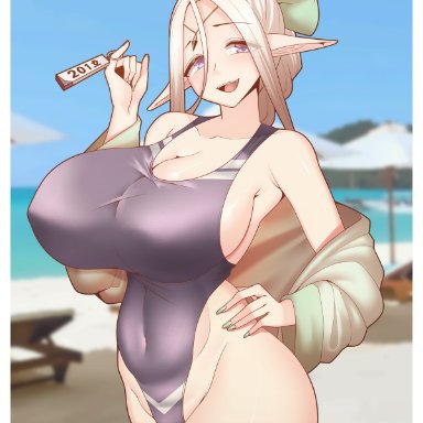 1girls, 2021, alternate hairstyle, armpit crease, artist signature, bare legs, beach, blonde hair, blue eyes, blue sky, blurry background, breasts, cerestia of life, cleavage, elf