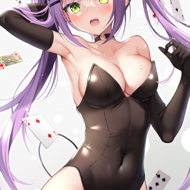 1girls, big breasts, blush, breasts, bunny ears, bunny girl, bunnysuit, choker, demon tail, green eyes, hololive, owo utekiro, piercing, purple hair, thick thighs