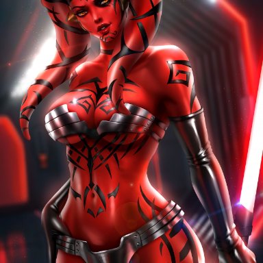 1girls, alien, alien girl, amber eyes, ayyasap, bikini top, boots, bubble butt, darth talon, female, female only, high heel boots, lightsaber, platform heels, red skin