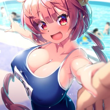 artist request, big breasts, blush, cleavage, dragon girl, eyebrows visible through hair, horns, ilulu (dragon maid), miss kobayashi's dragon maid, monster girl, nipple bulge, pink hair, pointy ears, shortstack, swimsuit