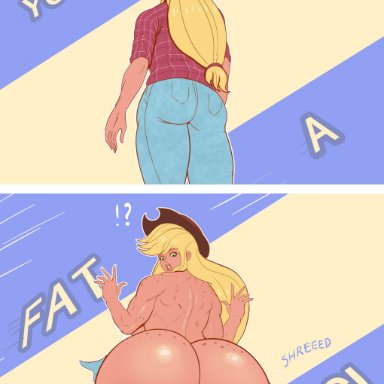 1girls, annon, applejack (mlp), ass, ass expansion, before and after, bimbo, bimbofication, blonde hair, breast expansion, female, friendship is magic, huge ass, huge breasts, long hair