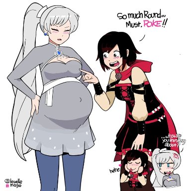 belly poke, big belly, big breasts, boob window, breast poke, cleavage, gif, lewdlemage, pregnant, ruby rose, rwby, tagme, text, video, weiss schnee