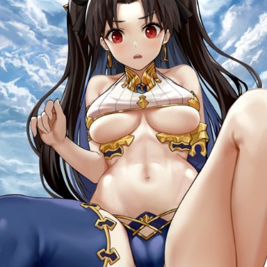 2019, ahoge, bangs, bare shoulders, barefoot, beach, bikini, black bow, black hair, blue bikini, blue gloves, blue hair, blush, bow, breasts