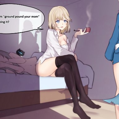 2021, 3girls, after sex, ass, bed, bedroom, blonde hair, blue clothes, blue eyes, blue hair, cat ears, catgirl, covering face, english text, eyebrows visible through hair
