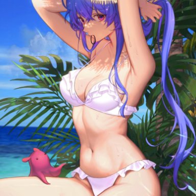 adeptus, bikini, blue hair, dasu, ganyu (genshin impact), genshin impact, highres, horns, midriff, navel, qilin, red eyes, revealing clothes, swimsuit, thick thighs