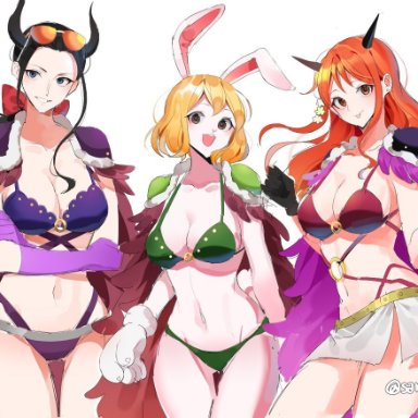 3girls, anthro, arms folded, beast pirates, black hair, blonde hair, bra, cape, carrot (one piece), female, female only, furry, gloves, hair ornament, horn