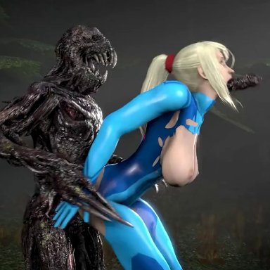 3d, all the way through, animated, big breasts, blonde hair, crossover, dicesfm, metroid, molded, monster, mp4, ponytail, resident evil, samus aran, sarah bryant