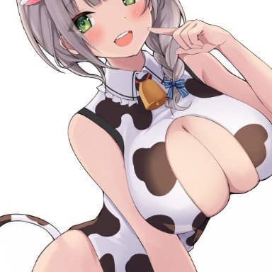 1girls, animal ears, animal print, bangs, bell, breasts, cleavage, cleavage cutout, clothing cutout, cow ears, cow girl, cow horns, cow print, cow tail, cowbell