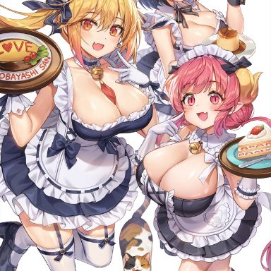 3girls, big breasts, blonde hair, blue eyes, breasts, elma (dragon maid), eye contact, female, horn, horns, huge breasts, ilulu (dragon maid), large breasts, looking at viewer, maid