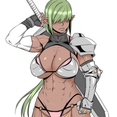 1girls, 212 (kisaragi), abs, arm sleeves, armor, ass visible through thighs, athletic, athletic female, big breasts, bikini, bikini armor, bra, breasts, cleavage, faceless