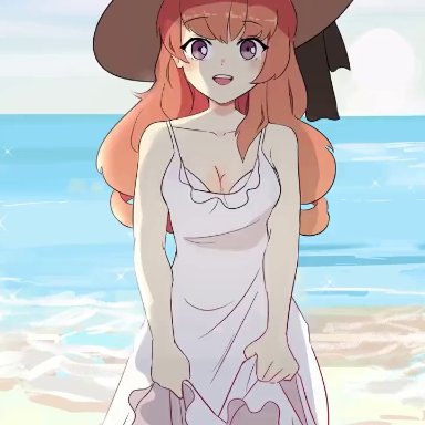 1boy, 1girls, 3boys, animated, areolae, assisted exposure, bangs, beach, beach hat, beachside, between labia, big breasts, blush, blushing, bouncing breasts