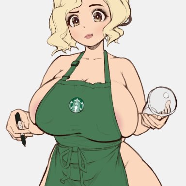 apron, areola slip, areolae, barely contained, big breasts, big lips, blonde hair, blush, breasts, brown eyes, brown hair, cleavage, clothing, collarbone, confused