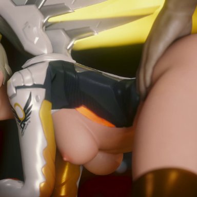 buttplug, exposed ass, exposed breasts, exposed nipples, exposed pussy, from behind, hand on hip, hanging breasts, highres, lazysoba, mercy, on knees, overwatch, penetration, sex