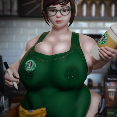 1girls, 3d, annoyed, apron, blender, breast milk, chubby, female, huge breasts, lactation, lactation without expressing, large breasts, looking at viewer, mei (overwatch), milk