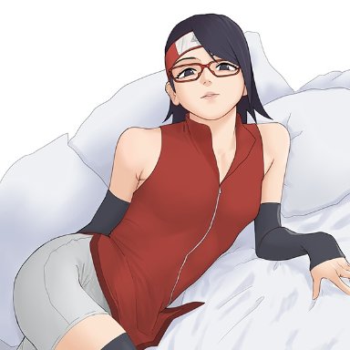 1girls, alternate version available, armwear, ass, bare shoulders, bed, black eyes, black hair, black legwear, boruto: naruto next generations, breasts, clothed, clothing, female, female focus