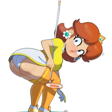 1girls, ass, bent over, big ass, blue eyes, brown hair, crown, earrings, eyelashes, female, female only, golf club, lips, looking at viewer, looking back
