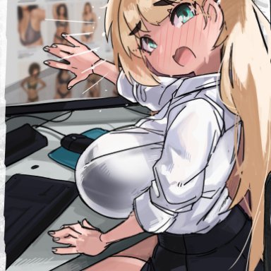 1girls, ahoge, big breasts, blonde hair, blurry, blush, braided hair, caught in the act, computer screen, desk, embarrassed, eyebrows visible through hair, female, female only, green eyes