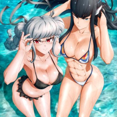 2girls, abs, areola slip, armpits, artist request, bikini, black bikini, black hair, blue eyes, braids, breasts, clavicle, clothed, comission, crossover