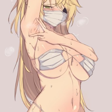 1girls, armpits, barely clothed, bennett (genshin impact), big breasts, blonde hair, blush, breasts, cameltoe, eyepatch, fischl (genshin impact), genshin impact, green eyes, kkry99, mask bikini