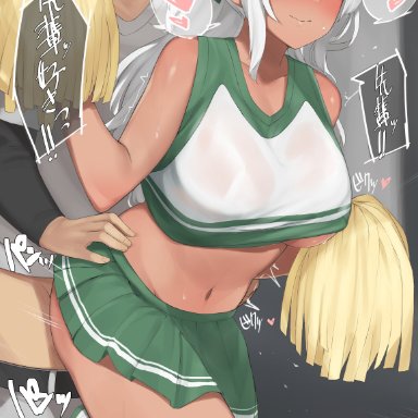 1boy, bangs, bare shoulders, baseball uniform, blush, borrowed character, breasts, character request, cheerleader, closed mouth, clothes pull, crop top, dark-skinned female, dark skin, female