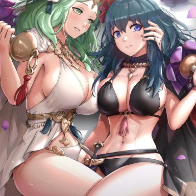 2girls, abs, absurdres, alternate costume, bangs, bikini, black bikini, black swimsuit, blue eyes, blue hair, blush, breast press, breasts, byleth (fire emblem), byleth (fire emblem) (female)