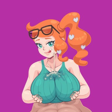 boobjob, cum, cum through clothes, cum through clothing, cumshot, glasses, glasses on head, green nails, human, licking, licking lips, nails, nintendo, orange hair, paizuri