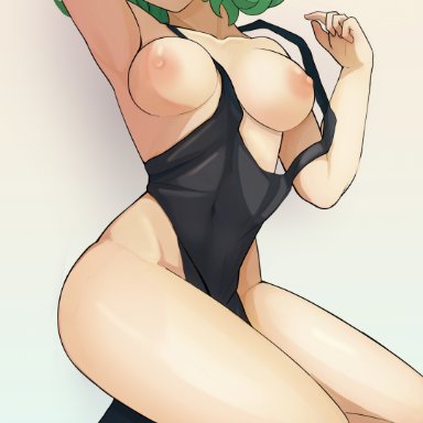1girls, areolae, armpits, arms above head, breasts, female, green eyes, green hair, lixiart, looking at viewer, medium breasts, nipples, one-punch man, partially clothed, short hair