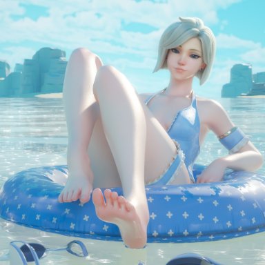 1girls, 3d, barefoot, blonde hair, breasts, cleavage, feet, female, female only, foot fetish, looking at viewer, mercy, overwatch, solo, toes