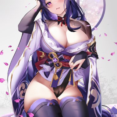 1girls, big breasts, blush, cleavage, embarrassed, fantongjun, female, female only, genshin impact, hand on head, kneeling, large breasts, mole, mole under eye, purple eyes