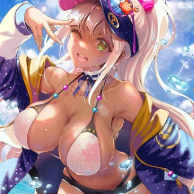 2021, beach, bikini, bikini top, black shorts, cute, eyewear on head, hat, highres, holocouncil, hololive, hololive english, huge breasts, ocean, space