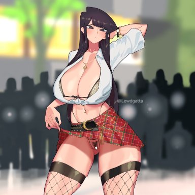 1girls, blush, body writing, crotchless panties, fishnets, komi-san wa komyushou desu, komi shouko, large breasts, lewdgatta, long hair, necklace, panties, pubic hair, public, queen of spades