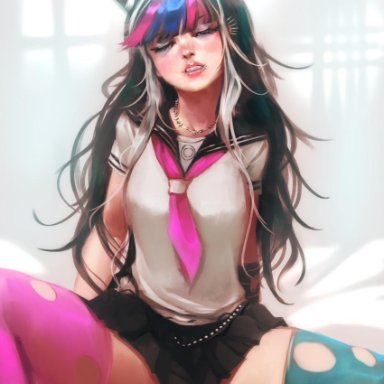 1boy, 1boy1girl, 1girls, asymmetrical legwear, black hair, breasts, closed eyes, clothed, clothed female nude male, clothed sex, cowgirl position, danganronpa, danganronpa 2: goodbye despair, ear piercing, female