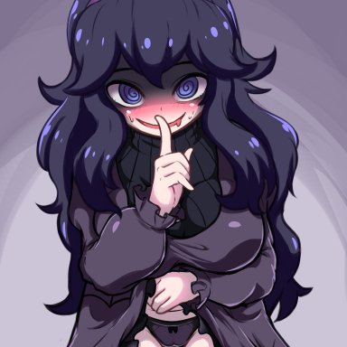 1girls, @ @, big breasts, black panties, blush, breasts, eye contact, female, hairband, heiqi jianjie, hex maniac, looking at viewer, nintendo, panties, pokemon