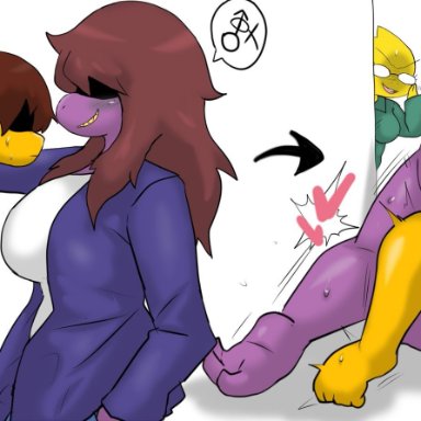 1boy, 1girls, all fours, alphys, alternate ass size, alternate breast size, ambiguous penetration, anthro, anthro penetrated, ass, assertive, assertive female, big ass, big breasts, blush