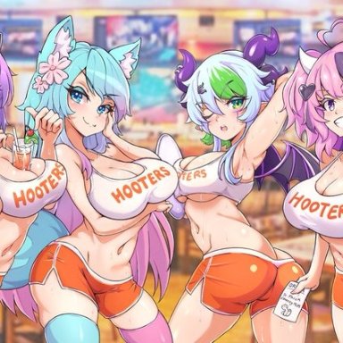 4girls, a.i., ass, bebatch, between breasts, breasts, cleavage, demon girl, female, female only, froot, hooters, horns, huge breasts, ironmouse